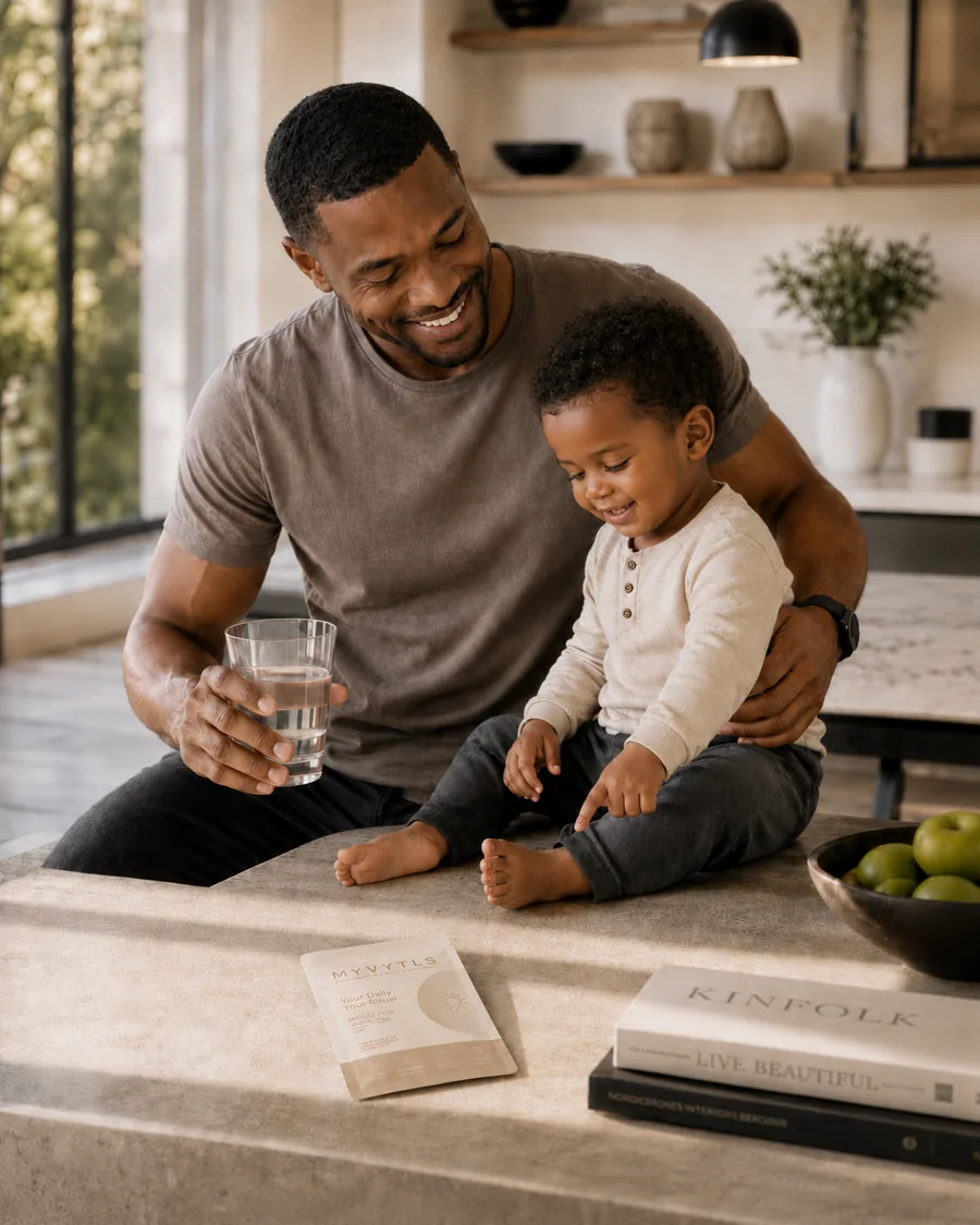 A father sharing a relaxed healthy morning with his child