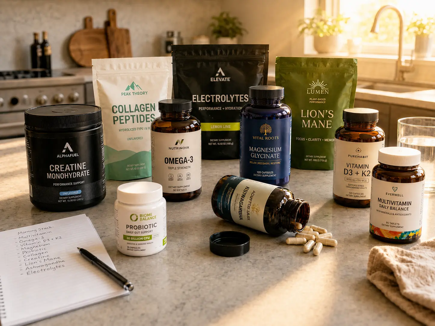 Multiple supplement containers and a handwritten daily routine